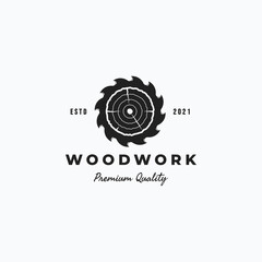 Carpentry vintage saw blade and tree rings vector illustration logo design. Simple woodworking saw blade and wood logo concept.