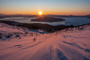 冬の美幌町 美幌峠の日の出の風景