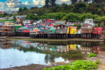  Stilt houses at Castro, Chiloe Island, Chile Estuary at Low Tide