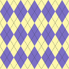 Easter Argyle plaid. Scottish pattern in violet and yellow rhombuses. Scottish cage. Traditional Scottish background of diamonds. Seamless fabric texture. Vector illustration