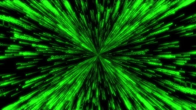 Green binary code - Internet, fast connection, matrix concept. Camera moves thorough digits, glow effect, black background - 3D 4k animation (3840x2160 px).