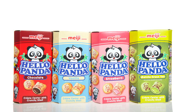 Alameda, CA - Mar 27, 2021: Four 2.1 ounce box of Meiji brand Hello Panda in traditional chocolate, vanilla and strawberry flavors plus new Matcho Green Tea. Isolated on white.