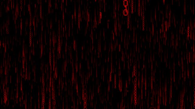 Red binary code falling down - matrix concept. Camera moves thorough falling digits, glow effect, black background - 3D 4k animation (3840x2160 px).