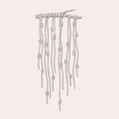 macrame. stick with ropes and knots. illustration. nodular letter kipu