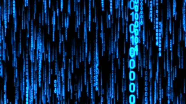Blue binary code falling down - matrix concept. Camera moves thorough falling digits, glow effect, black background - 3D 4k animation (3840x2160 px).
