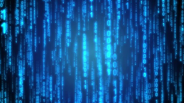 Blue binary code falling down - matrix concept. Camera moves thorough falling digits, glow effect, gradient background - 3D 4k animation (3840x2160 px).