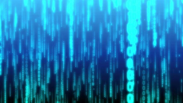 Blue binary code falling down - matrix concept. Camera moves thorough falling digits, glow effect, gradient background - 3D 4k animation (3840x2160 px).
