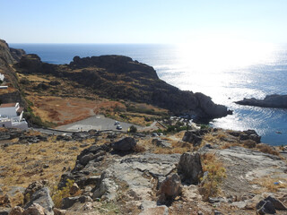 View of the rocky cliffs and the sea from above