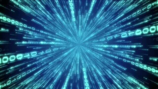 Blue binary code - Internet, fast connection, matrix concept. Camera moves thorough digits, glow effect, gradient background - 3D 4k animation (3840x2160 px).