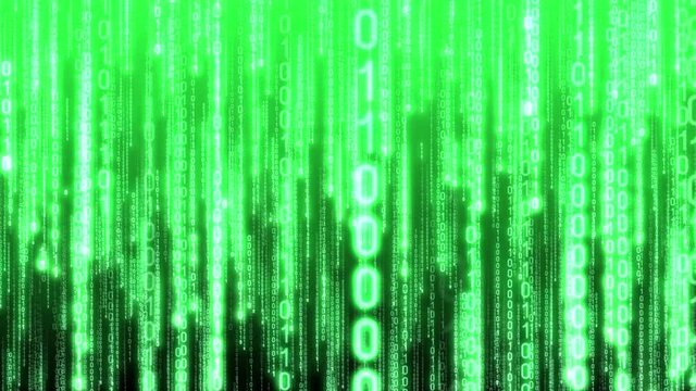 Green binary code falling down - matrix concept. Camera moves thorough falling digits, glow effect, gradient background - 3D 4k animation (3840x2160 px).