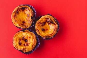 Top view of typical Portuguese dessert pastry Pastéis de Nata - Portuguese egg custard tart