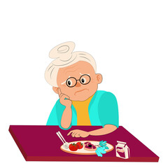 Cartoon front view of alone grandma   sitting at table,bored with food. Old woman has Anorexia-cachexia syndrome.Elderly man  with healthy foods  . Vector flat design idea concept for Loss of Appetite