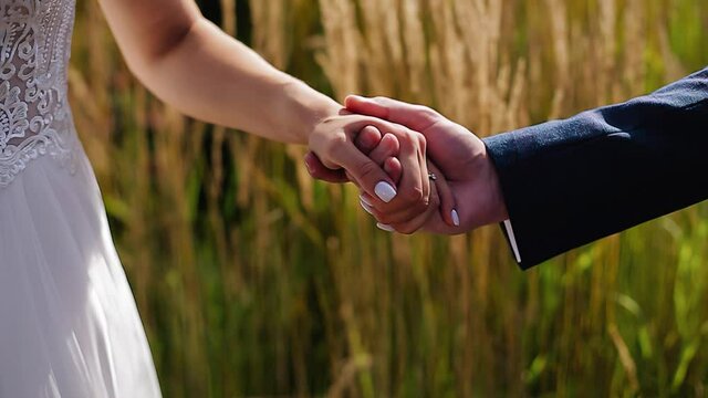 Lovers stand in a beautiful field and hold hands. Taken very nicely in close-up