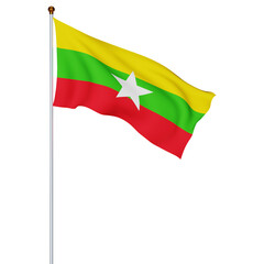 Fototapeta na wymiar Waving myanmar flag or flag of burma on white background. Realistic flags of the world. 3D Rendering