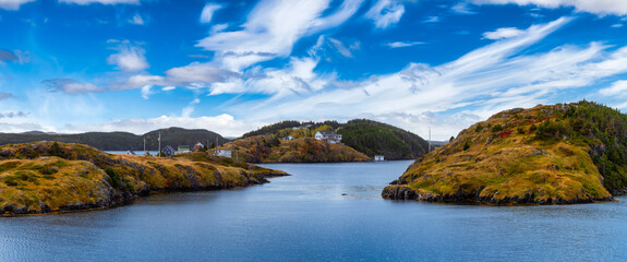 View of a small town on the Atlantic Ocean Coast. Colorful Blue Sky Art Render. Taken in Salt...