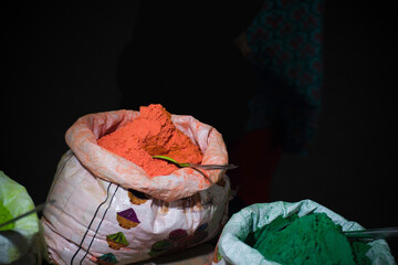 Exhibit colorful powder in a bag for sell for sell during Indian traditional festival holi