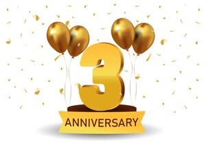 3 Anniversary gold numbers with golden confetti. Celebration anniversary event party template.