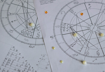 Printed astrology charts with pearls and orange sequins