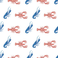Pink lobsters marching seamless vector repeat pattern. Vector illustration