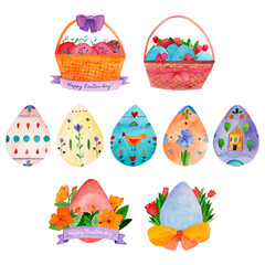 Easter egges watercolor illustration. Isolated eggs, egg with floral decor, a basket of egges. Cute bright colors. Set of elements for ornament and scrapbooking. Hand drawn vector. 