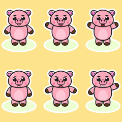 Vector illustration of cute Pig cartoon. Cute Pig expression character design bundle. Good for icon, logo, label, sticker, clipart.