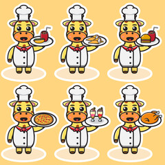 Vector illustration of cute Giraffe Chef cartoon with Food. Cute Giraffe expression character design bundle. Good for icon, logo, label, sticker, clipart.