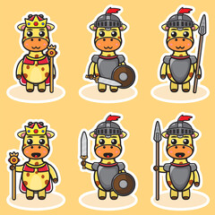 Vector illustration of cute Giraffe King and Knight cartoon. Cute Giraffe expression character design bundle. Good for icon, logo, label, sticker, clipart.