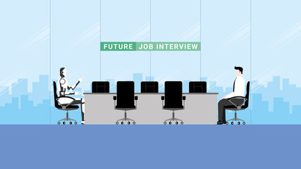 Business concepts of technology and unemployment people for a job in the future. Job interviews and applications recruit by an artificial intelligence mechanism as an interviewer instead of a human.