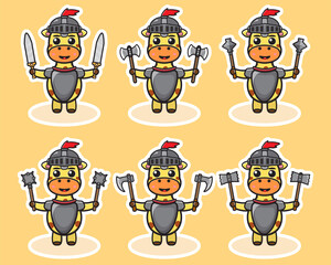 Vector illustration of cute Giraffe Knight cartoon with dual weapon. Cute Giraffe expression character design bundle. Good for icon, logo, label, sticker, clipart.