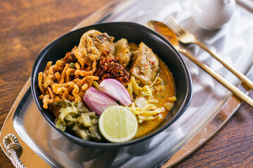 Khao soi - Traditional Thai Food, Thai curry with  A noodle dish in a yellow curry with chicken