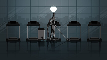 Robots replace humans. Artificial intelligence mechanism clean and work in fitness center treadmill for 24 hours in dark and full moonlight without people. unemployment human for a job in the future.