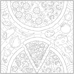 Delicious pepperoni cheese pizza and ingredients. Learning and education coloring page illustration for adults and children. Outline style, black and white drawing