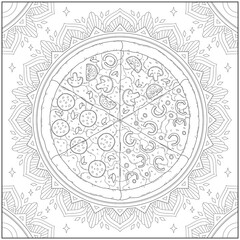 Delicious cheese pizza with circle mandala border in harmony and synergy. Learning and education coloring page illustration for adults and children. Outline style, black and white drawing