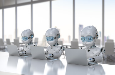 group of robot office workers