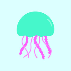 Jellyfish on sky blue background. Marine icon in cartoon style. Summer vector illustration