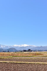 宮城の田園、春を待つ里山から雪の蔵王を望む
