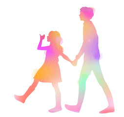 Obraz na płótnie Canvas Two children, siblings walking together silhouette plus abstract watercolor painting. Double exposure illustration. Digital art painting.