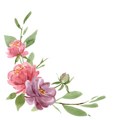 Naklejka na ściany i meble Pink flowers watercolor, floral clip art. Rose border perfectly for printing design on invitations, cards, wall art and other. Arrangement isolated on white background. Hand drawing.