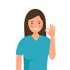 Smiling young woman with ok hand gesture in flat design on white background. Positive thinking concept.