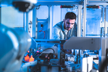 Male Engineers Maintenance Robot Arm at Lab. he are in a High Tech Research Laboratory with Modern Equipment. Technology and Innovation Concept.Professional.