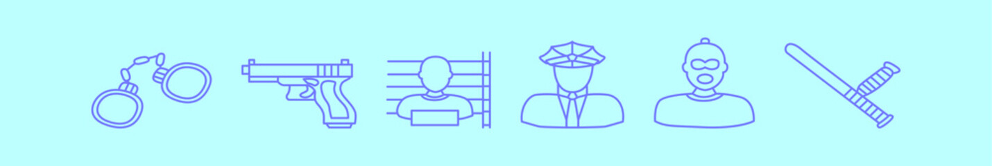 set of criminal element cartoon icon design template with various models. vector illustration isolated on blue background