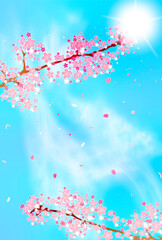 Fototapeta na wymiar 桜の花びらが舞う青空の背景　縦版