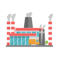 Industrial factory building in flat style. Factory full of pollution. Vector illustration.