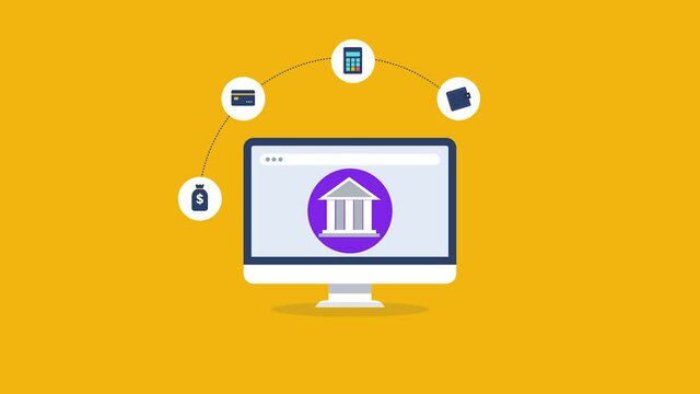 Online banking, financial service, digital payment and transaction, credit card, money, digital wallet, financial app on desktop concept. 2d animation, video clip.
