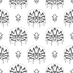 Black-white Seamless pattern with lotuses in Simple style. Good for clothing, textiles, backgrounds and prints. Vector illustration.