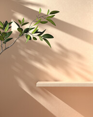 Minimal Mockup Shelf Display With Sunshade Branch Shadow On Beige Concrete Wall Abstract Background...