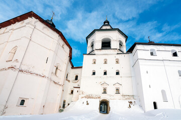 View of the Bell Tower, the Church of the Archangel Gabriel and the Church of the Introduction to the Church of the Most Holy Theotokos, Kirillo-Belozersky Monastery , Kirillov, Vologda region, Russia
