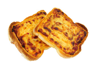 Grilled cheddar cheese on toast isolated on a white background