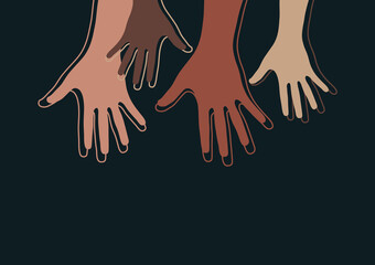 Raised hands, open palms. The concept of charity, volunteering, love, kindness, equality, racial and social issues. Vector illustration