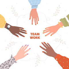 Stack of female hands. Unity and teamwork concept. Arms of successful business women. Partnership community. Vector illustration in flat cartoon style.